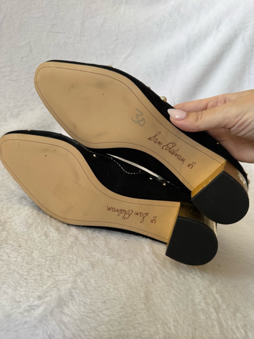 Sam Edelman Lucien Embroidered Pearl Stud Ankle Strap Block Heel Pumps - Picture 6 of 7